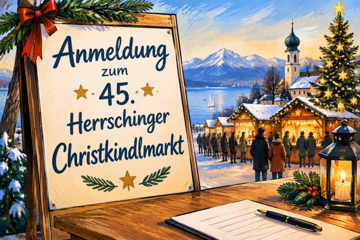 Anmeldung zum 45. Herrschinger Christkindlmarkt vor winterlicher Kulisse mit Weihnachtsmarkt und Kirche am Ammersee.