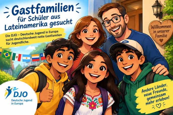 Illustration einer Gastfamilie mit zwei Austauschschülern aus Lateinamerika. Die Grafik wirbt für das Gastschülerprogramm der DJO und die Suche nach Gastfamilien für Jugendliche aus Peru und Brasilien.